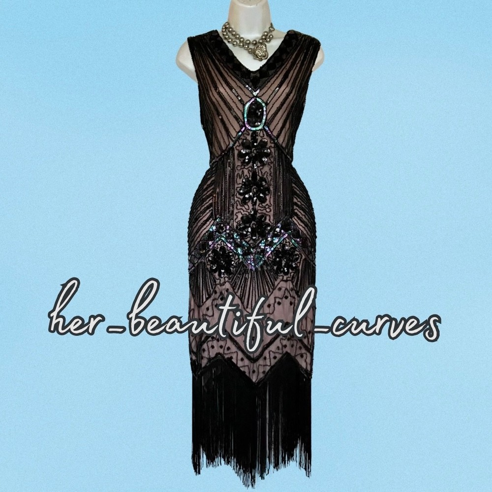 20s GATSBY SEQUINED BEADED FRINGED FLAPPING PARTY DRESS SIZE XL FITS 14/16