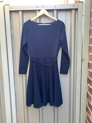 REVIEW Dress Size 10 Womens Long Sleeve Navy Blue Above Knee Stretch Belt