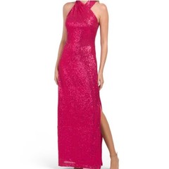 Brand New Sequin Maxi Sparkle Harland Twist Halter Formal Gown Fuschia Pink