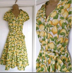 Vintage 1940s 1950s Style Summer Lemon Tea Cotton Dress Size 14 TWINWOOD