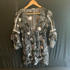 Blue Island Black and White Palm Print Boho Mini Dress with Tassel Ties Size S