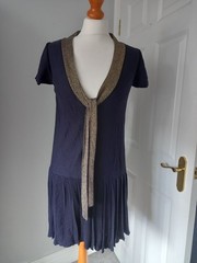 Vintage LOOK 1920&rsquo;s Flapper STYLE Navy Blue Gold Trim Knit Mini Dress Uk 10