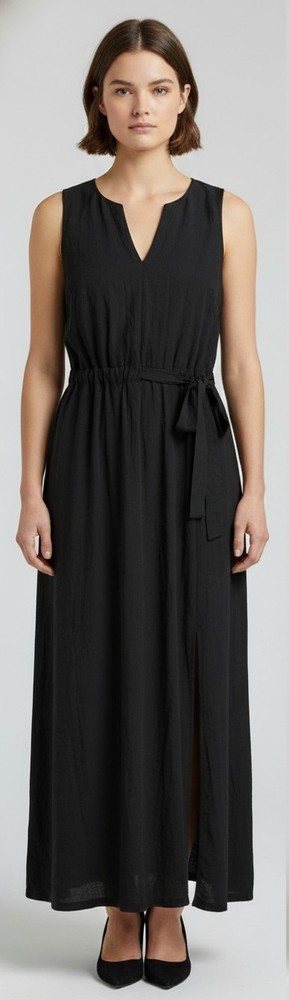 Womens Simply Vera Black Cinched Split Sides Hem Maxi Dress Ribbon Tie Belt Sz S