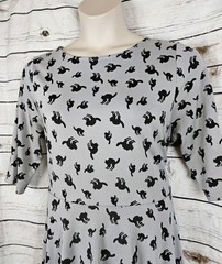 Unique Vintage Black Cat Print Knit Dress 1X/16 Fit & Flare Midi Womens