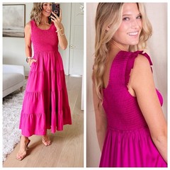 Natural Life Olivia Tiered Smocked Maxi Dress Sz M Magenta Pink Satin Sleeveless