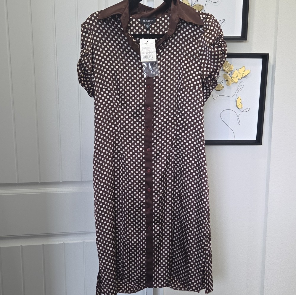 bebe Brown/White Polka Dot Collared Button-Front Shirt Dress Puff Sleeve Sz Lrg