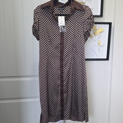 bebe Brown/White Polka Dot Collared Button-Front Shirt Dress Puff Sleeve Sz Lrg