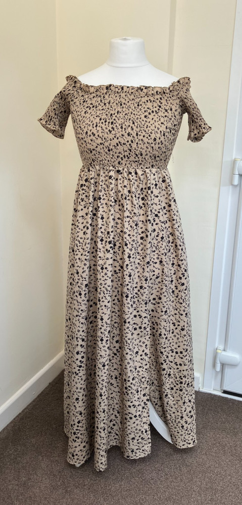 Shein Smocked Maxi Dress with Thigh Length Side Slit – Size Large – Light Brown