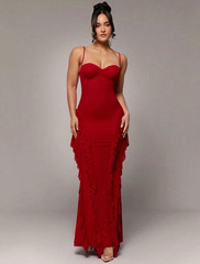 Red Bodycon Maxi Dress Sweetheart Neck Strappy Open Back Ruffle Size L Formal