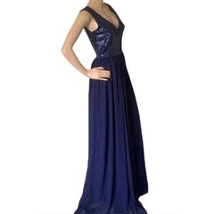 Goddiva Navy Sequin & Chiffon Formal Maxi Elegant Dress V Neck Evening Gown Sz4