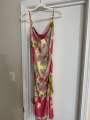 Forever 21 Maxi Slip Dress Womens S Abstract Pink Gray Green Cowl Neck Stretch