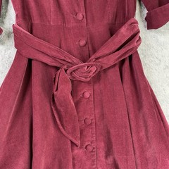 J. PETERMAN Dress Womens Sz 12 Red 1940s Cord Retro Corduroy Belted Pockets Midi