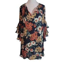 Umgee Size M Black Floral Fashion Mini Dress Flutter Bell Sleeves Boho Feminine