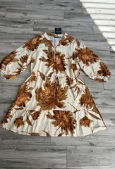 Mlle Gabrielle Size Large Ivory And Brown Floral Dress 3/4 Sleeve Knee Length