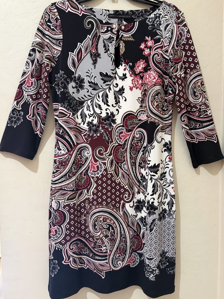 White House Black Market Paisley Print Keyhole Neck 3/4 Sleeve Dress Size M