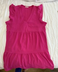 Cotton Bleu Hot Pink Tiered Dress Sz L w/pockets ruffle sleeve