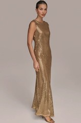 Donna Karan Gold Sequin Sleeveless Bias Cut Gown Dress Low Back Size 10 NWT
