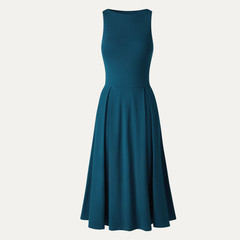 OGL Ponte Boatneck Pleated Fit-and-Flare Midi Bra Dress with Pockets Dark Marine