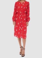 Bobeau Women&rsquo;s Red Floral Print Long Sleeve Button Down Shirt Dress Size L