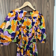 Oliver Bonas Purple Orange Abstract Petal Floral Puff Sleeve Midi Maxi Dress 10