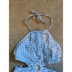 Sim & Sam Blue Gingham Halter Mini Dress O-Ring Cutout Smocked Back Small