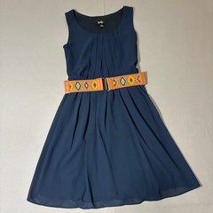 By & By Fit and Flare Dress Womens Small Navy Blue Sleeveless Tribal Belt