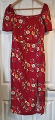 SHEIN RED WHITE GREEN FLORAL PRINT MIDI DRESS SIZE L 12 14 FITTED DEEP SPLIT