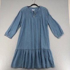 Westbound Denim Dress Womens Large Blue Tencel Pintuck Tie Neck Tiered Shift L