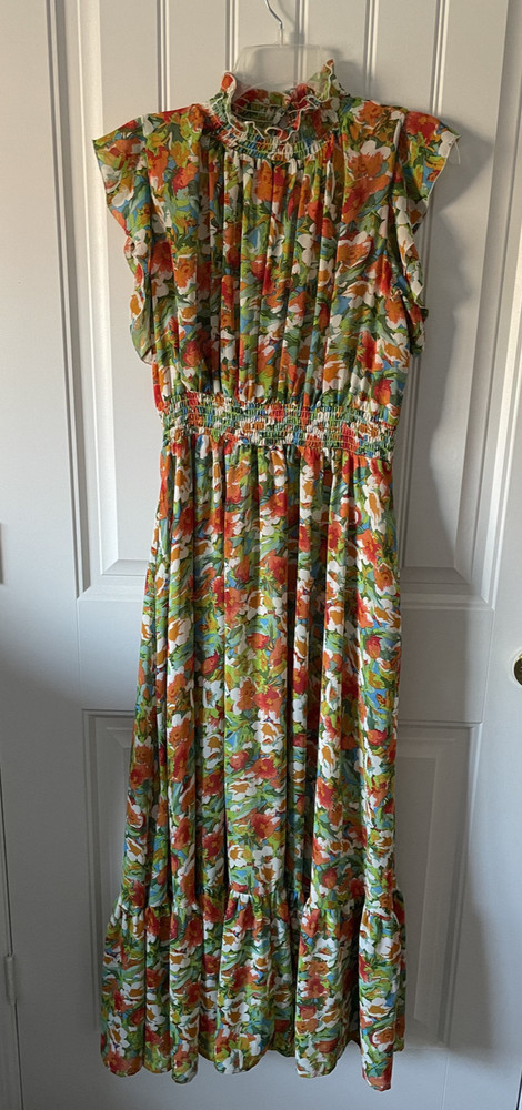 Code X Mode Women’s Size M Floral Maxi Dress Boho Stretchy Waist Flutter Sleeves