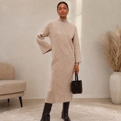 Pomander Place Vivianne Sweater Knit Midi Dress High Neck S Small Beige Casual