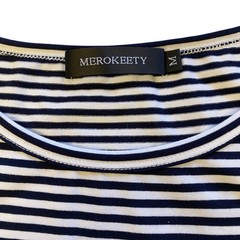 MEROKEETY Tee Shirt Dress Womens Medium Striped Pockets Tie Waist Blue&white