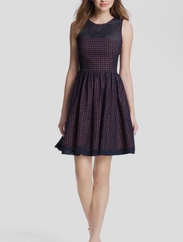 French Connection Navy Blue Coral Pink Eyelet Fit & Flare Dress Size 2 IT112