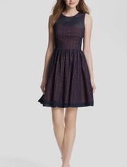 French Connection Navy Blue Coral Pink Eyelet Fit & Flare Dress Size 2 IT112
