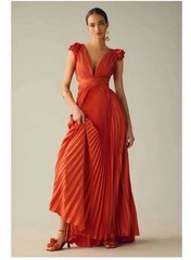 Mac Duggal Leena Pleated Flutter Sleeve Deep V Neck Lace Up Gown Size 12.