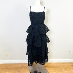 Lulus Dress Tiered Midi Size S Black Clip Dot Spaghetti Strap Cocktail Textured