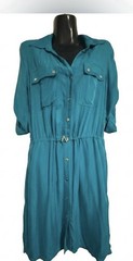 Michael Michael Kors Teal Collared Shirt Dress S Knee Pockets 3/4 Roll Tab