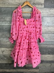 Lace & Beads Mini Dress Size UK 10 Pink Red Heart Glitter Tulle Long Sleeves