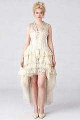 Corset Society Ivory Brocade Layered Lace Hi Low Skirt Steel Boned Corset Dress