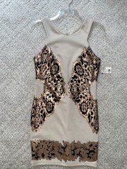 Akira Chicago Red Label Dress Beige With Black And Copper Design Size L NWT