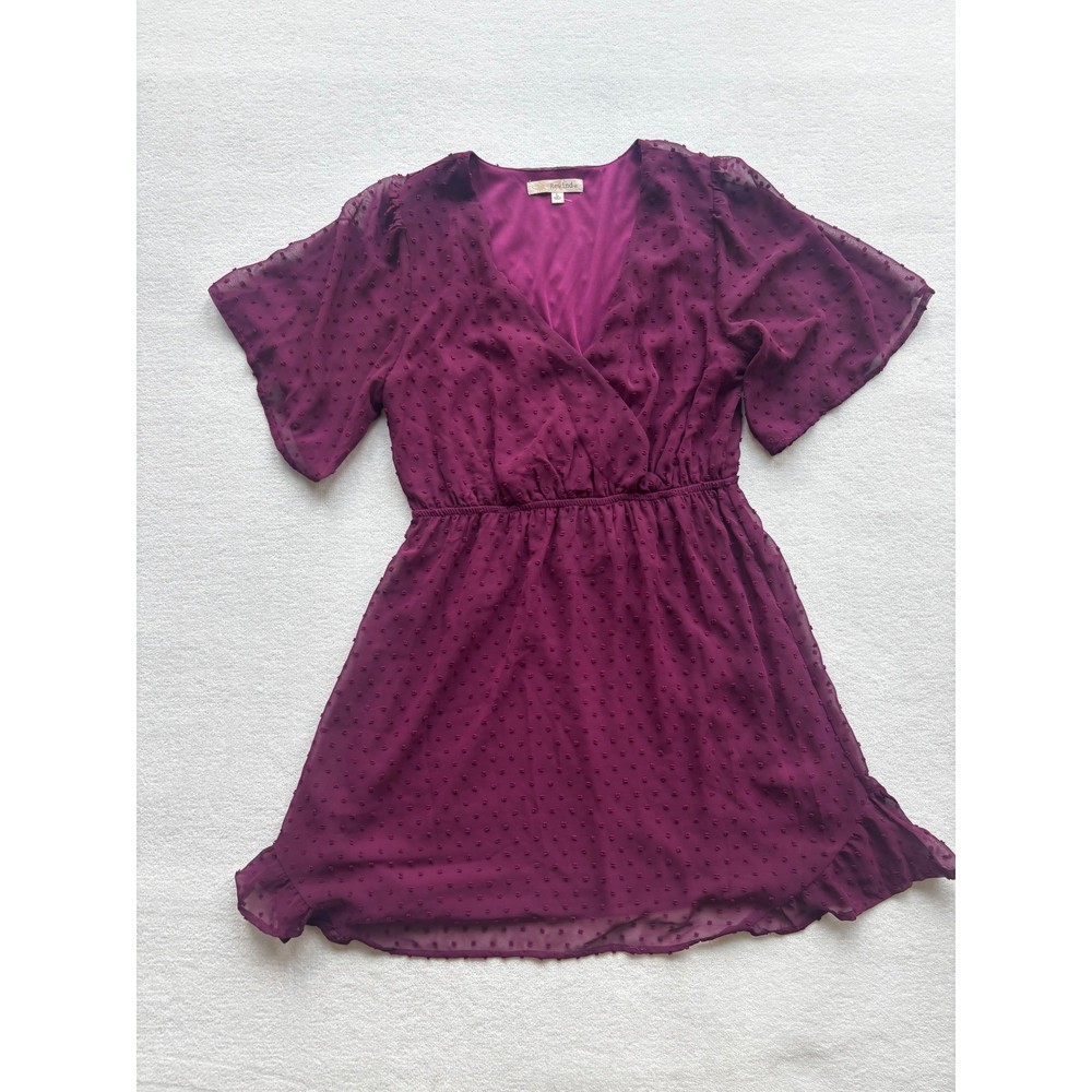 Rewind Swiss Dot Mini Dress Womens Large Plum Purple Wrap Front Flutter Sleeve