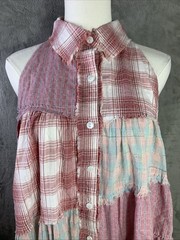 Bluevelvet Patchwork Button Up Shirt Dress Pink Plaid Ruffle Frayed Western Sz L