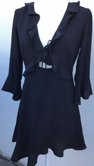 Women&rsquo;s Aakaa Tie Front Ruffled Black Long Sleeve Mini Dress Size M Poly Spandex