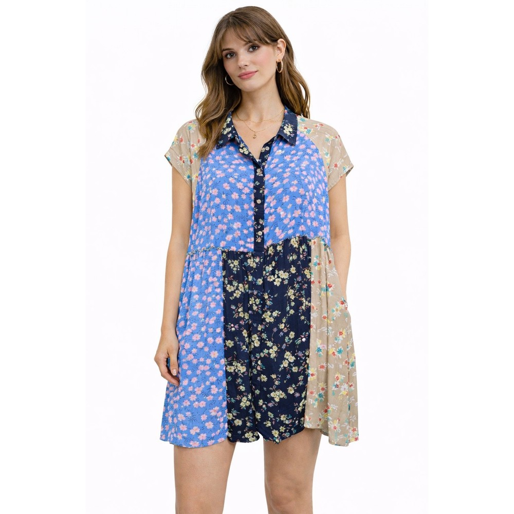 Easel Sz M Oversized Patchwork Floral Boho Button Up Babydoll Shirt Tunic Dress