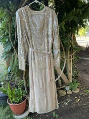 VTG Swee Lo XL 100% Silk Beaded Sequin Champagne Art Deco Evening Dress Belt