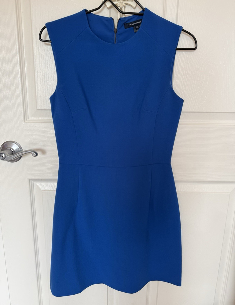 French Connection Blue Solid Knit Shift Dress, Sleeveless Round Neck Zip, 8