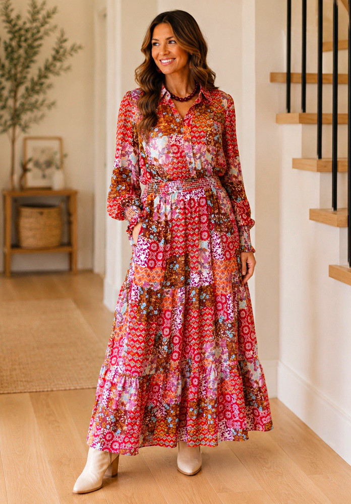 Fate Women’s M Patchwork Floral High Neck Puff Sleeve Smocked Maxi Dress