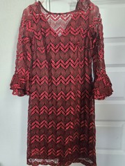 DB, Size 6, Red and Black Ruffled Lace Dress, Lined with a Black Slip