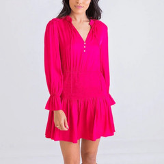 Karlie Large Dark Pink Satin Long Sleeve Dress Smocked Waist Tie Neck