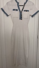 White Blue Knit Midi Bodycon Dress V-Neck Short Sleeve Button Fringe Women