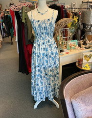 Grace Karin Blue & White Floral Smocked Midi Dress – Women’s Small